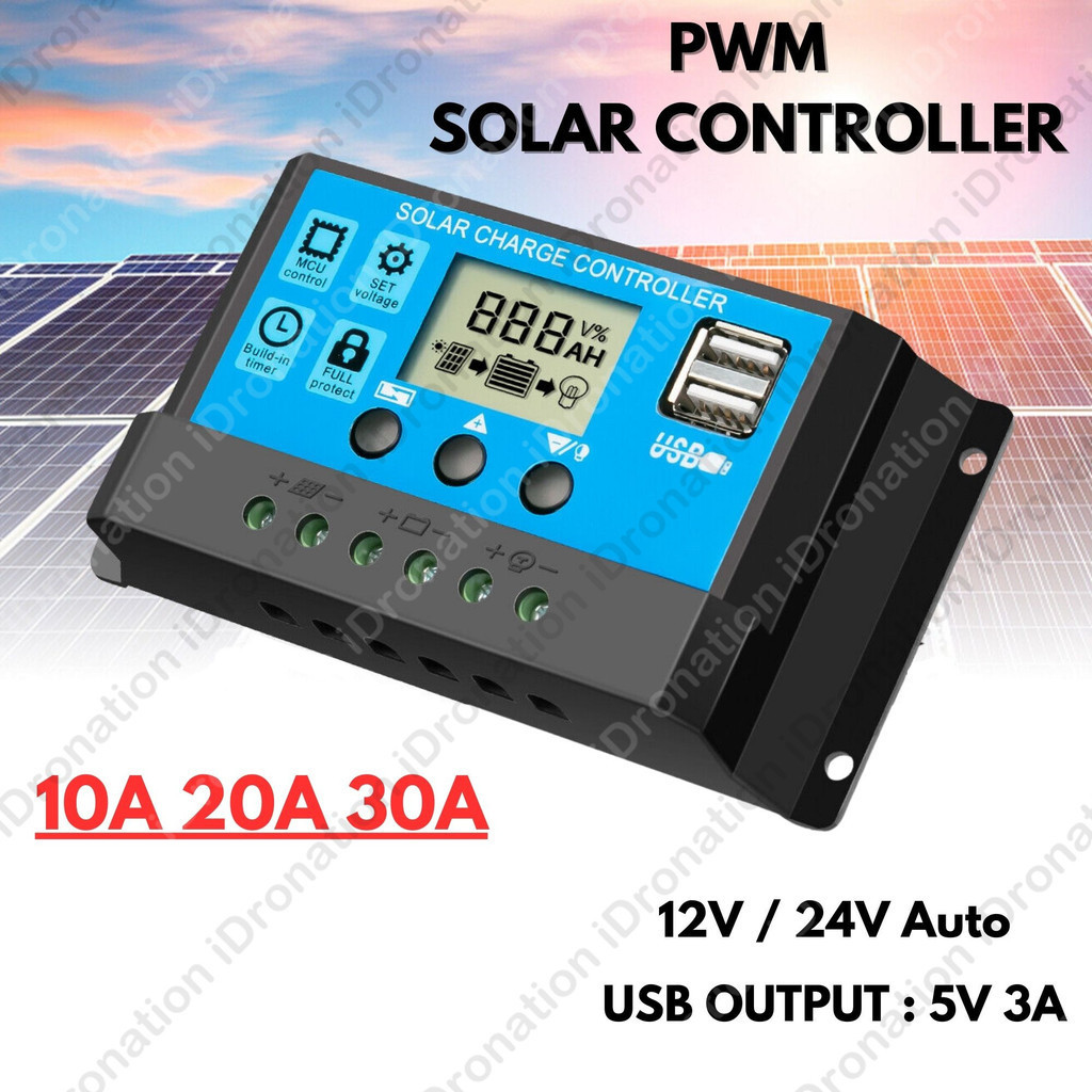 Solar Controller 30A 20A 10A 12V 24V Dual USB LCD Display PWM Solar ...