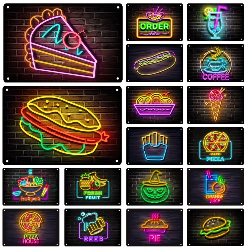 Neon Food Metal Tin Sign Burger Pizza Poster Plaque Tin Painting Sign ...