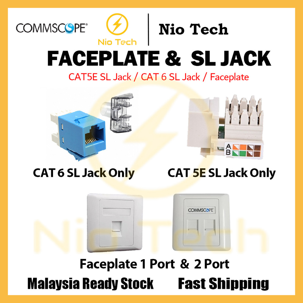 NioTech Commscope CAT5E 1,2 Port Faceplate & CAT5E RJ45 SL JACK WALL ...