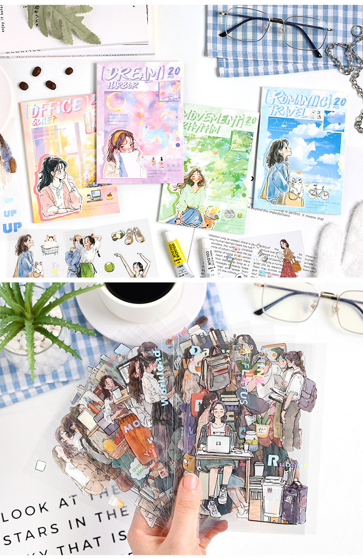 Journamm 20 Sheets Cute Girls Stickers PET Stickers Book Creativity ...