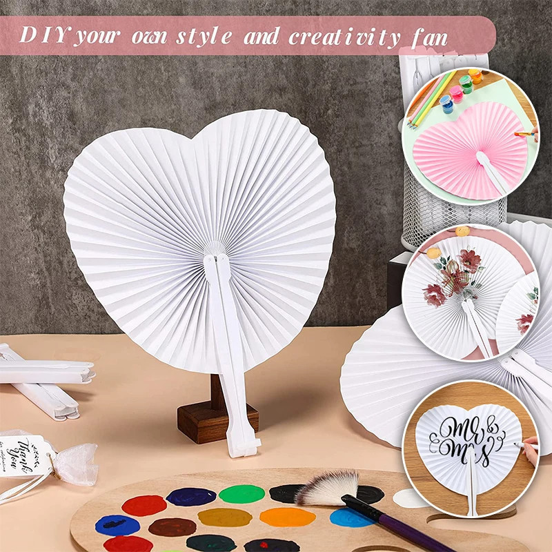 White Folding Fan - Heart Shape Circular Blank Paper Hand Fans ...