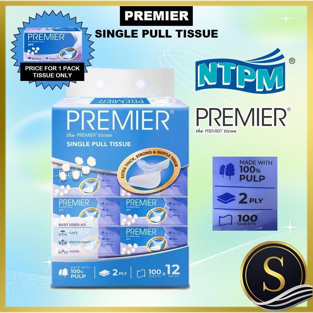 Premier Single Pull Tissue 2 PLY (100's x 12) Each Pack 100 Sheets NTPM ...