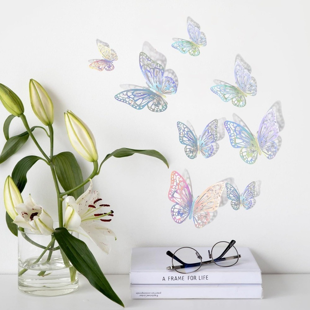 12PCS 3D Laser Colorful Silver Butterfly Wall Decor Metallic Butterfly ...