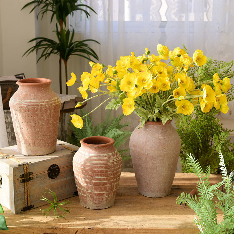 Retro Stoneware Vase Handmade Double-Eared Red Clay Pot Ceramic Dried ...