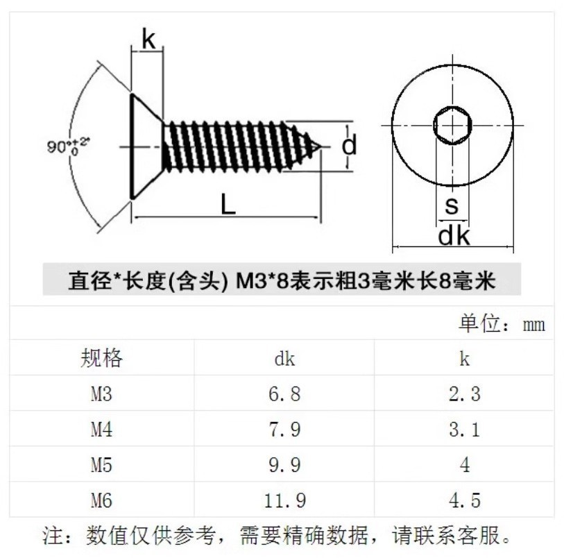 304 Stainless Steel Countersunk Head Hexagon Socket SelfTapping Screw