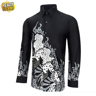 (Modern Fit) Black Color Malaysia Men Batik Long Sleeve Kemeja Batik ...