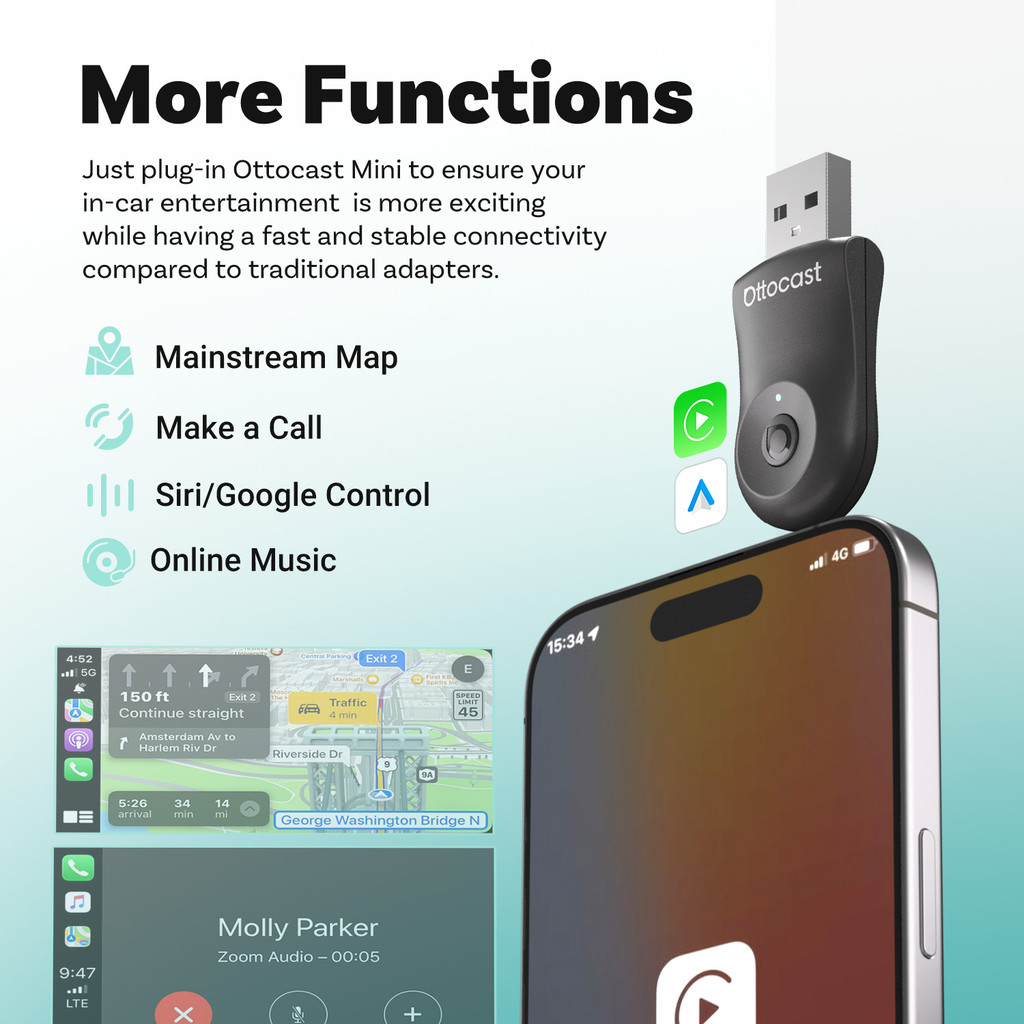 OTTOCAST MINI 2 in 1 Wired To Wireless CarPlay Android Auto Adapter USB ...