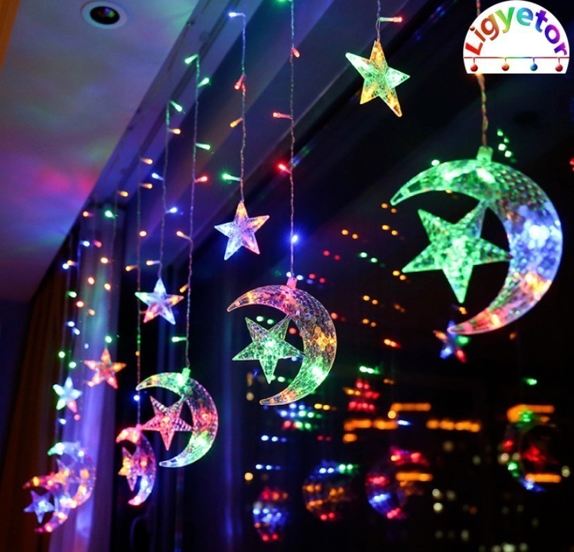 Ligyetor Lampu Raya Solar Moon Star Curtain Lights LED String Light LED ...