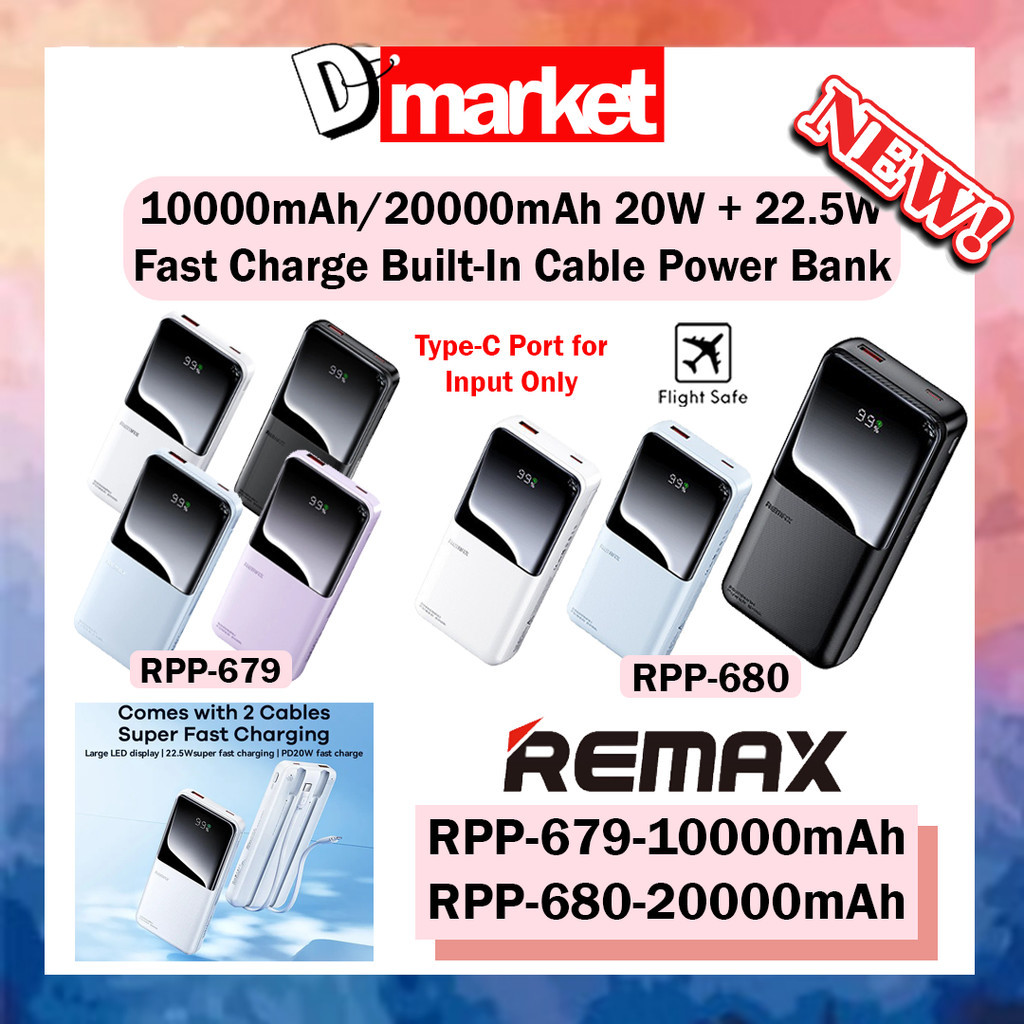 Remax Powerbank RPP-679 10000mAh RPP-680 20000mAh Built In Cable ...