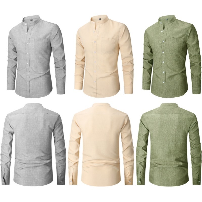 Men's Full Size Linen Button-Down Mandarin Collar Shirt Plus Size