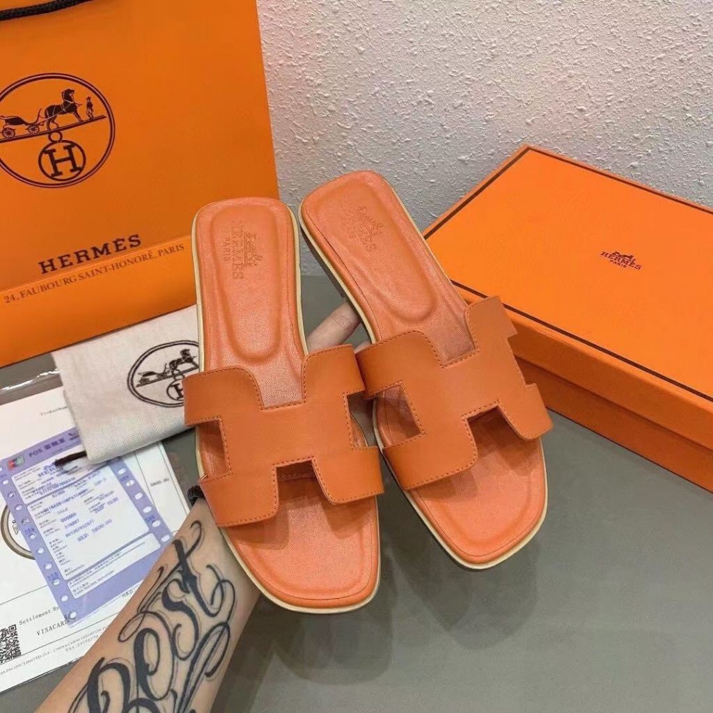 HERMES Slippers Genuine Leather Sandals Slippers Crocodile Pattern Flat ...