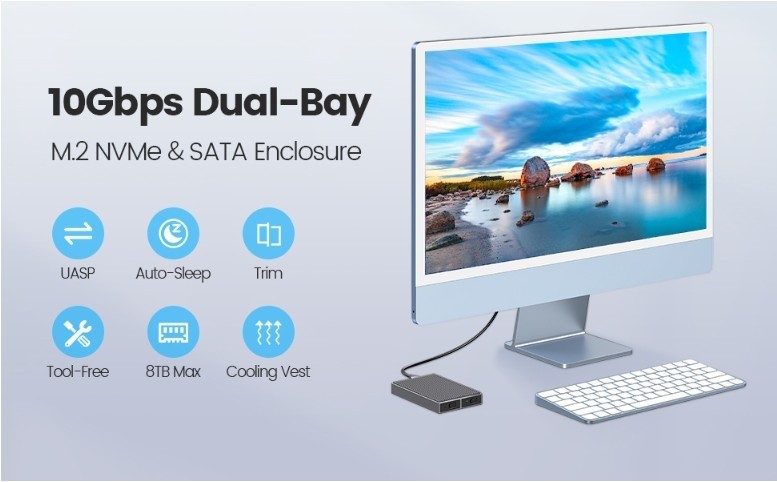 Inateck M.2 NVMe Dual SSD-behuizing met koelventilator, 10 Gbps USB-C NVMe Docking Station voor M.2 2230/2242/2260/2280 SSD's (M & B M Key), SA02005
