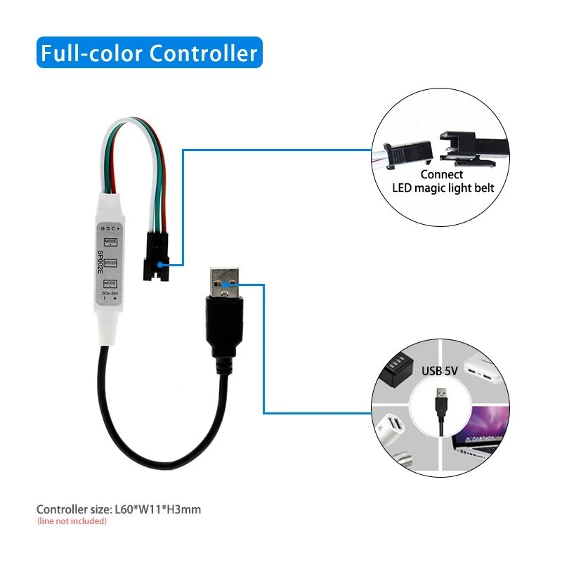SP002E LED RGB Controller 600 Pixels Dimmer 3 Key DC5-24V USB 5V for ...