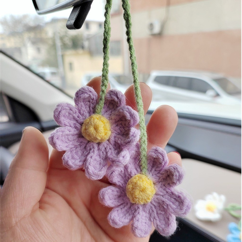 Handmade Crochet Daisy Car Mirror Hanging - Cute Car Accessories For Women, Adjustable Keychain Decor 2 thumbnail image