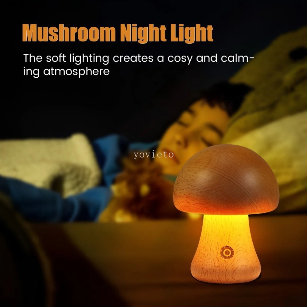 INS LED MINI Night Light With Touch Switch Wooden Cute Mushroom Bedside ...