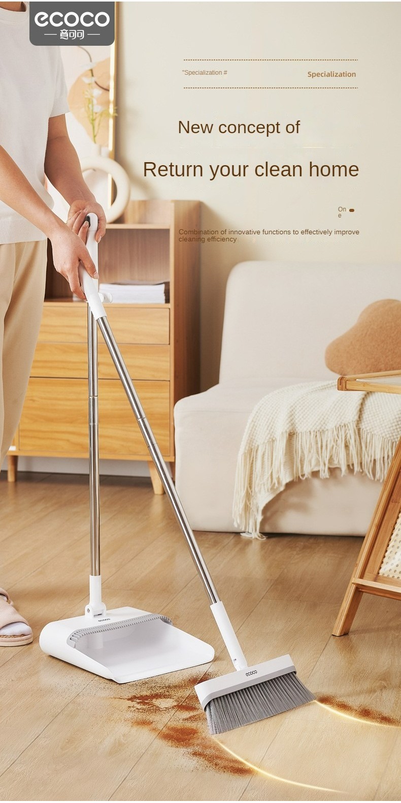 LODER ECOCO Foldable Broom Dustpan Set Rotating Long Handle Floor Hair ...