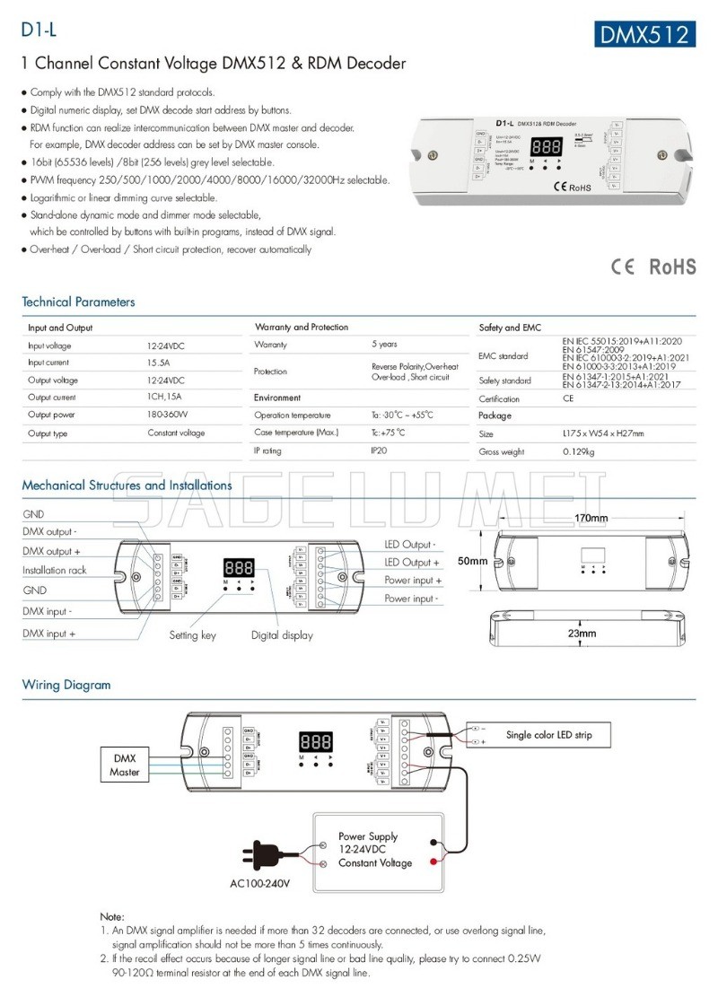 D1-L LED controller DMX512|RDM Constant voltage Decoder Dimming and ...