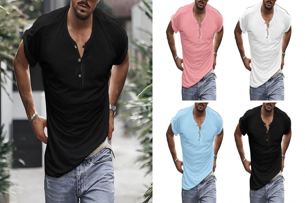 MIC_ Men Button-up T-shirt Men Tee Men's Summer Buttoned Round Neck T ...