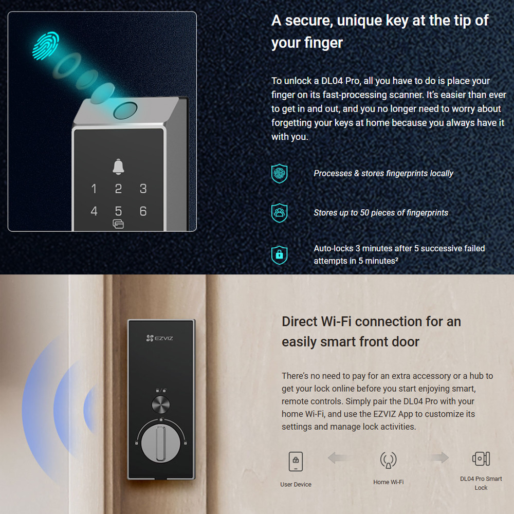 Ezviz DL04 Pro Smart Home Deadbolt Lock Security Fingerprint Door Lock ...