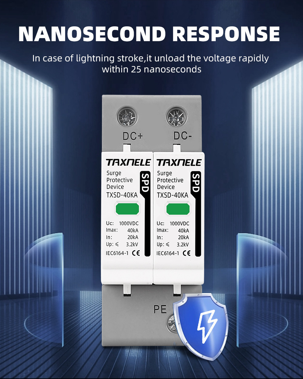 DC SPD Surge Protector 600V 800V 1000V 2P 3P 20KA 40KA 60KA Solar PV ...