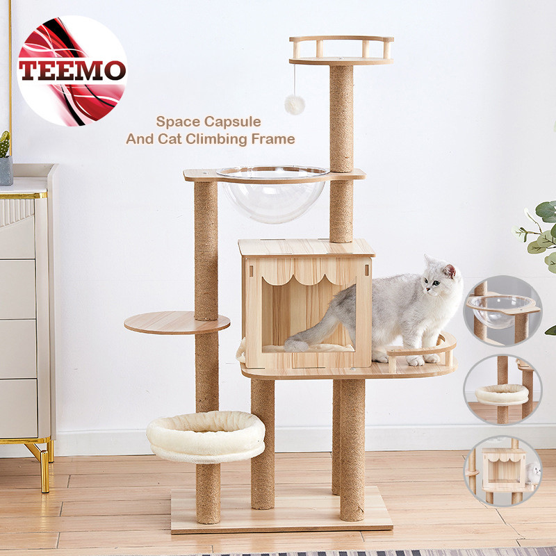 Teemo Cat Tree Nest Wooden Condo House Tower Bed Scratcher Cat House ...