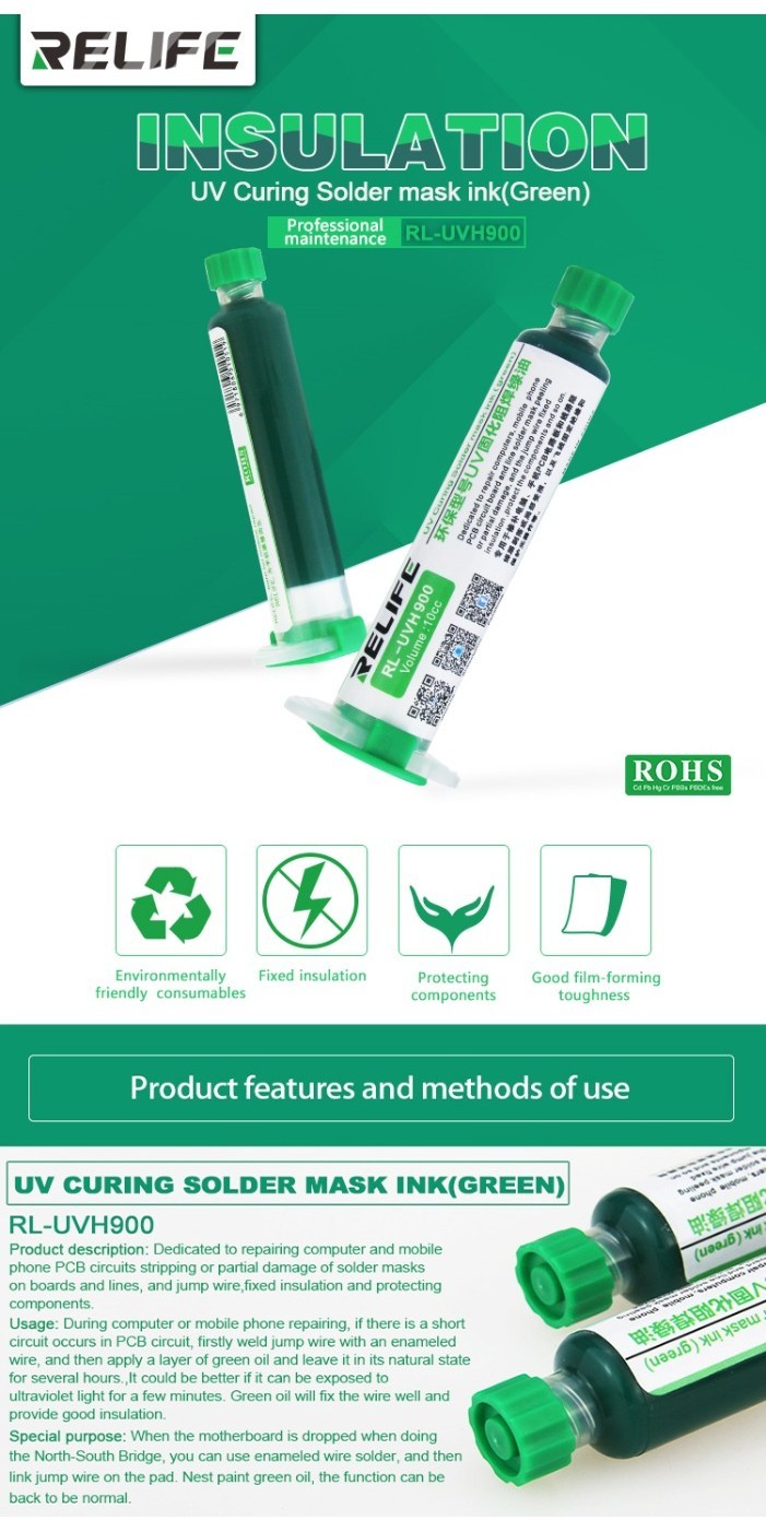LTronics UVH900 Vernis Masque à Souder UV Curable Vert - Kit 10cc