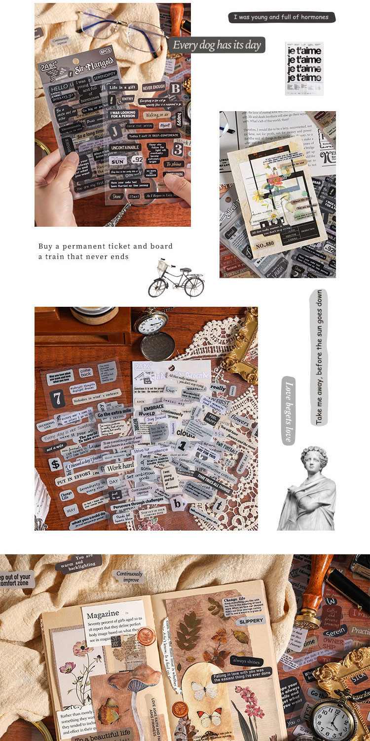 Journamm 6pcs/pack Vintage Letters PET Stickers DIY Scrapbooking ...