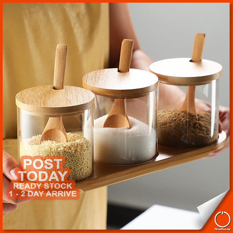 𝐒𝐄𝐀𝐌𝐋𝐄𝐒𝐒 𝐒𝐄𝐑𝐕𝐈𝐍𝐆 3 In 1 Condiment Jar Set Wooden Spoon Seasoning Spices ...