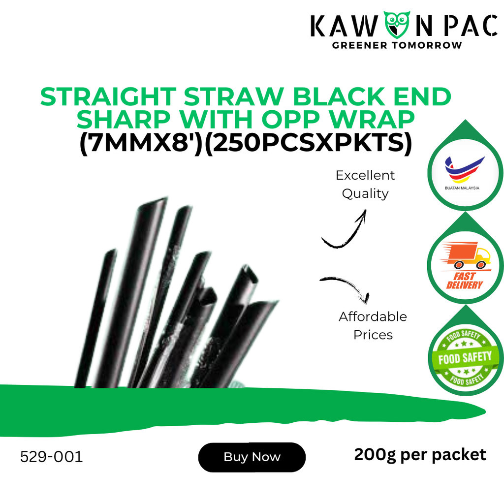 STRAIGHT STRAW BLACK END SHARP WITH OPP WRAP 7MM X 8