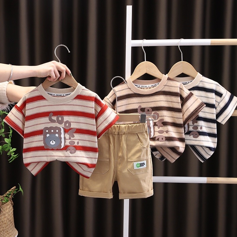 Summer Baby Kids Unisex Short Sleeves Cartoon T-shirt and Striped Shorts Clothing Set