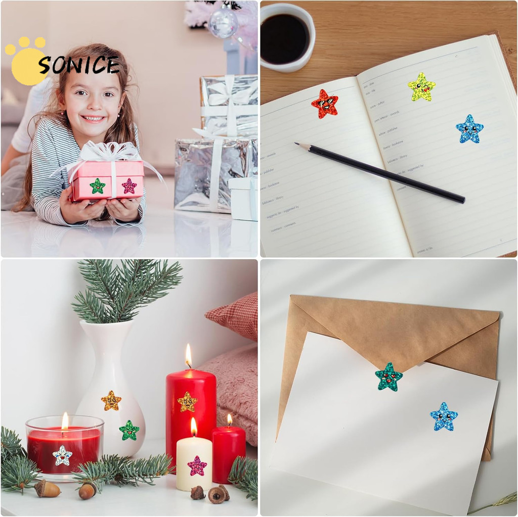 500 Pcs Star Smile Stickers Glittering 5-Point Star Stickers Roll Laser ...
