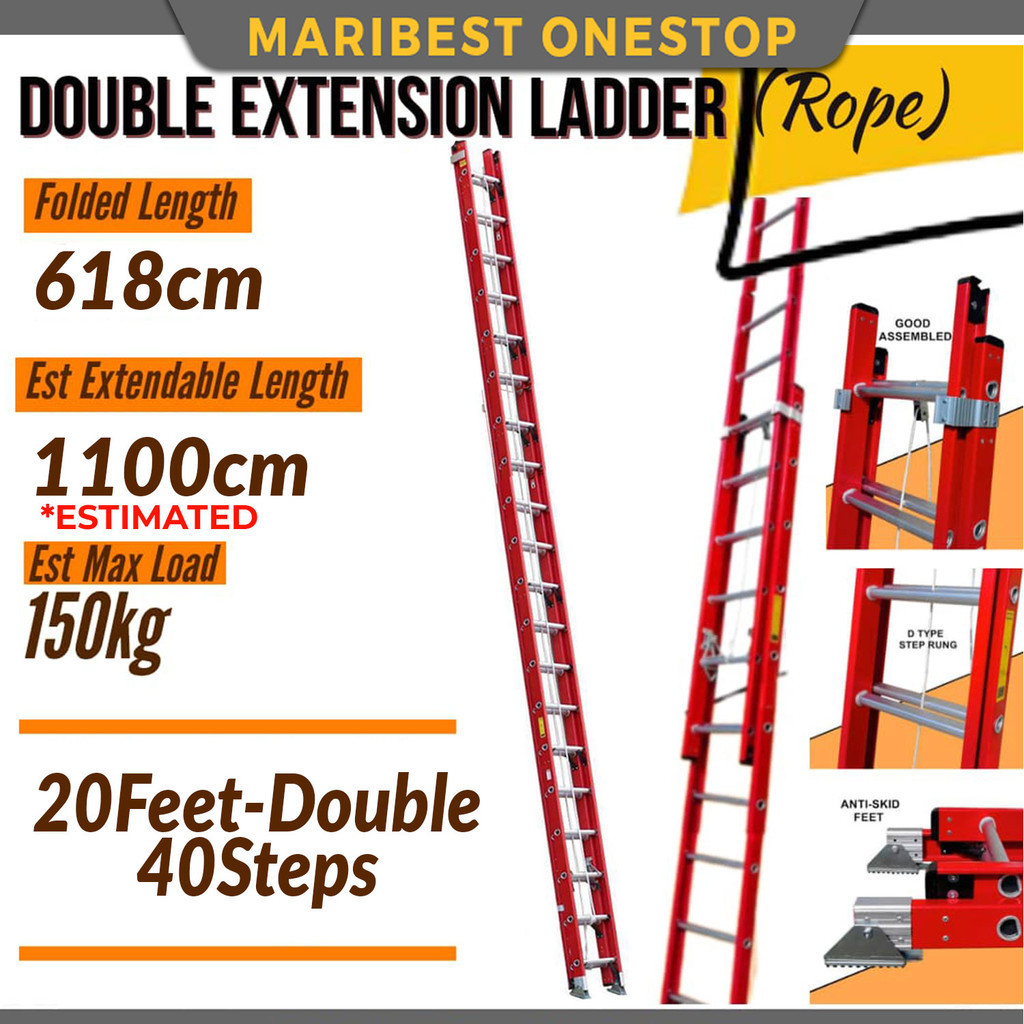 11M 37Feet 40Steps Double Extension Fiberglass Telescopic Ladder Roped ...