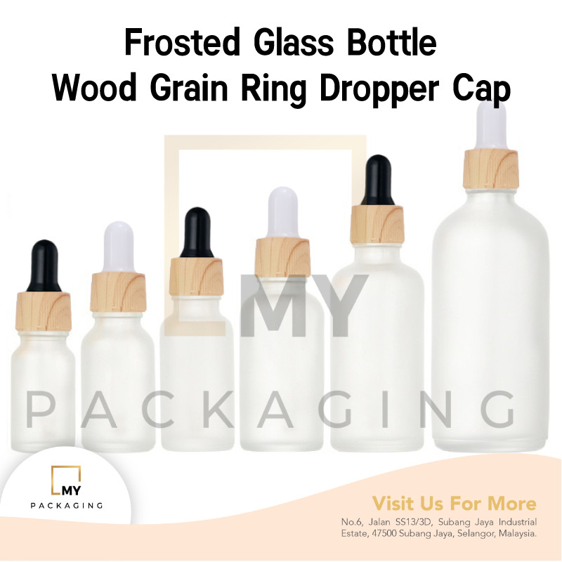 Frosted Glass Bottle 10ml to 100ml + Wood Grain Ring Glass Dropper Cap ...