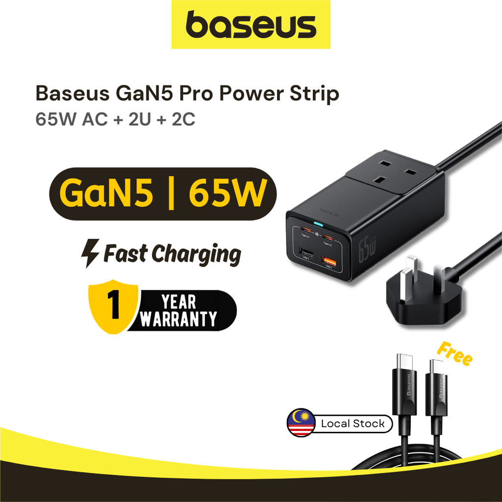 Baseus 5-in-1 Charger GaN5 Pro 65W Power Strip Extension Lead AC + 2U ...