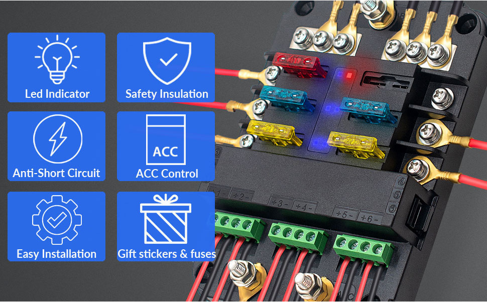 12V Fuse Block with Relay Automotive 6 Circuits Fuse and Relay Box with ...