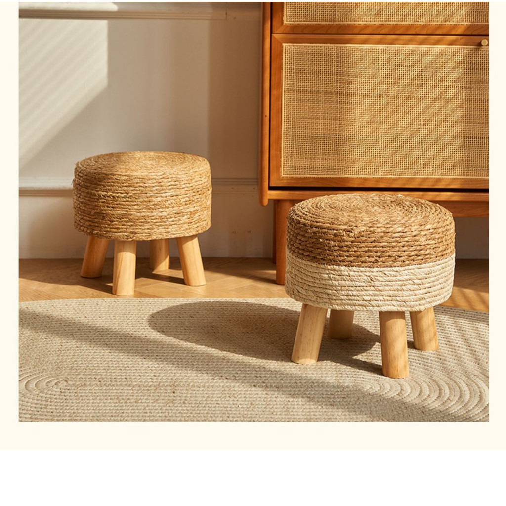 Straw Stool Low Woven Round Stool Natural Rattan Coffee Table Stool ...