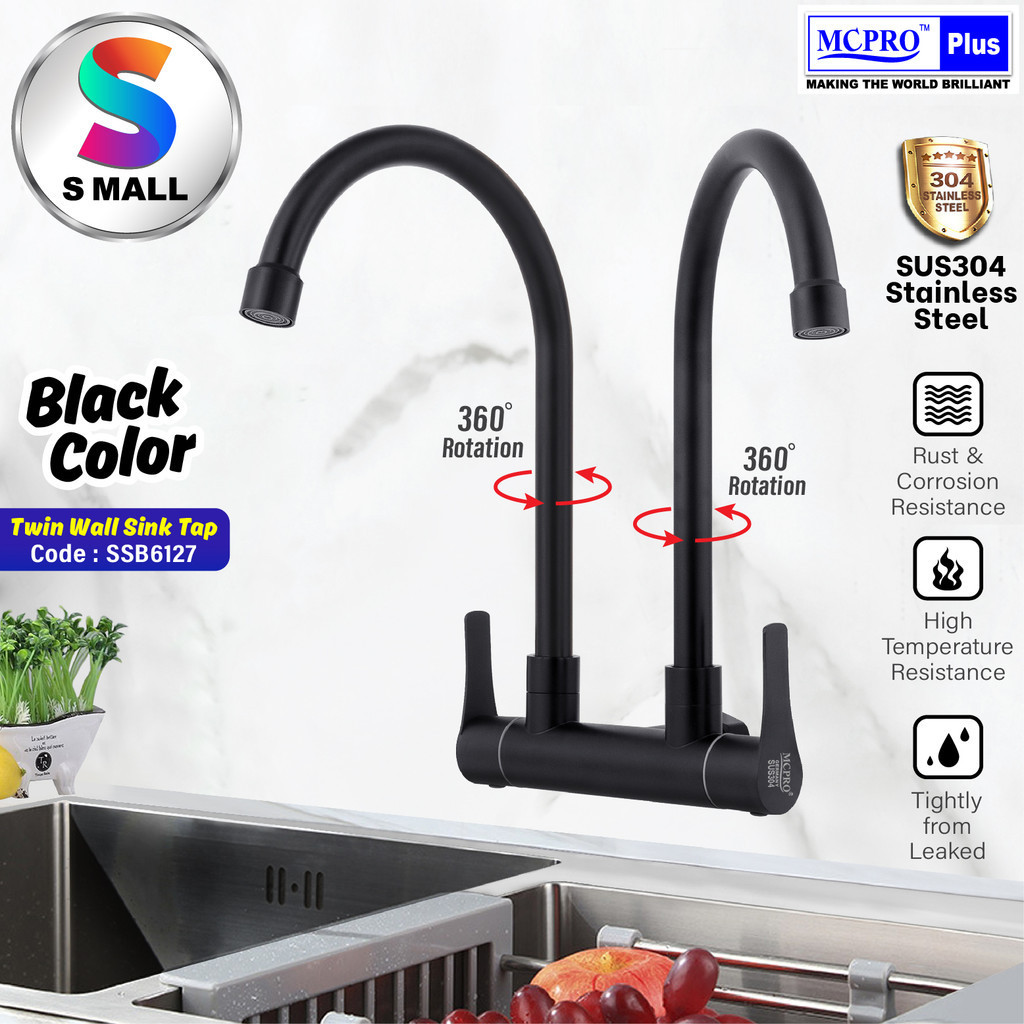 MCPRO SUS304 Stainless Steel Kitchen Faucet BLACK Wall Pillar Sink Tap ...