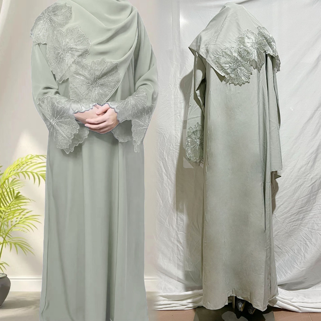 (Molio) Jubah & Tudung Labuh Set Muslimah 2 in 1, Sulaman & Kilauan ...