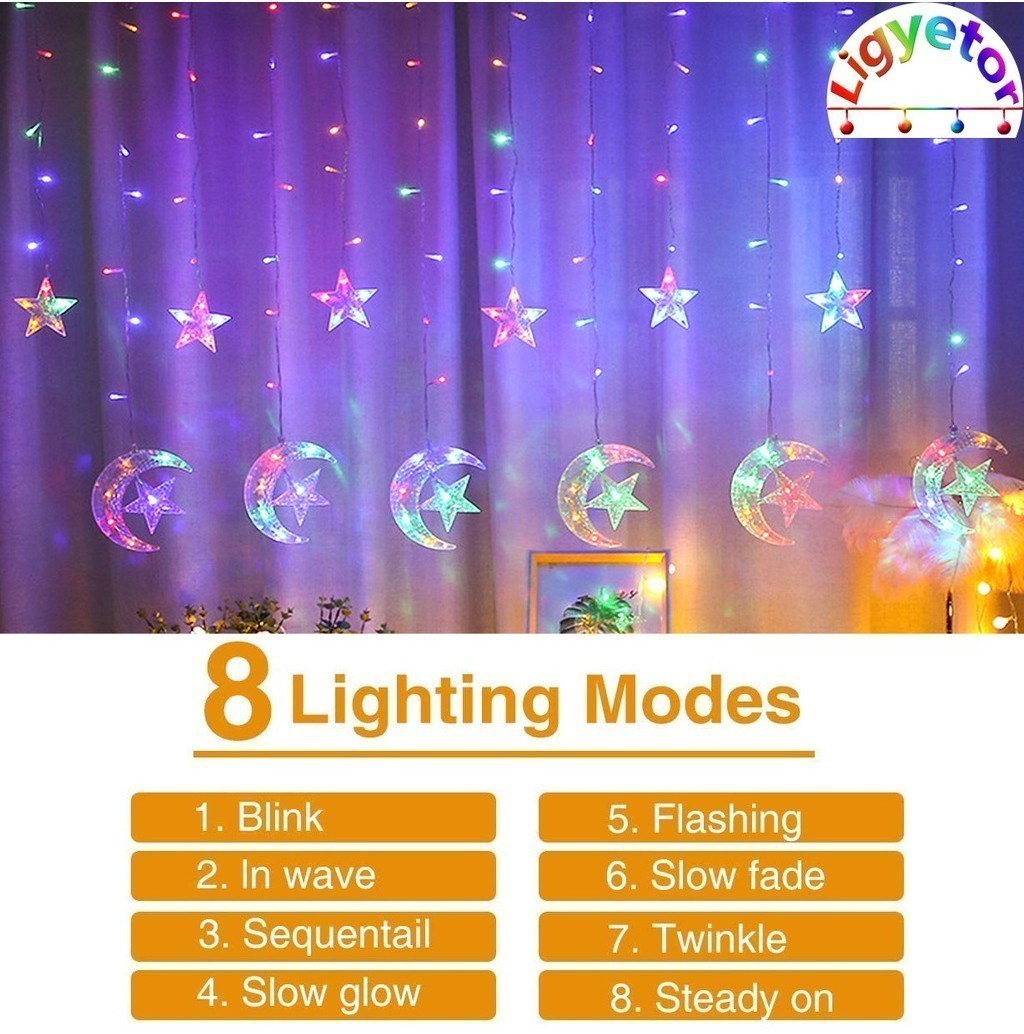 Ligyetor Lampu Raya Solar Moon Star Curtain Lights LED String Light LED ...