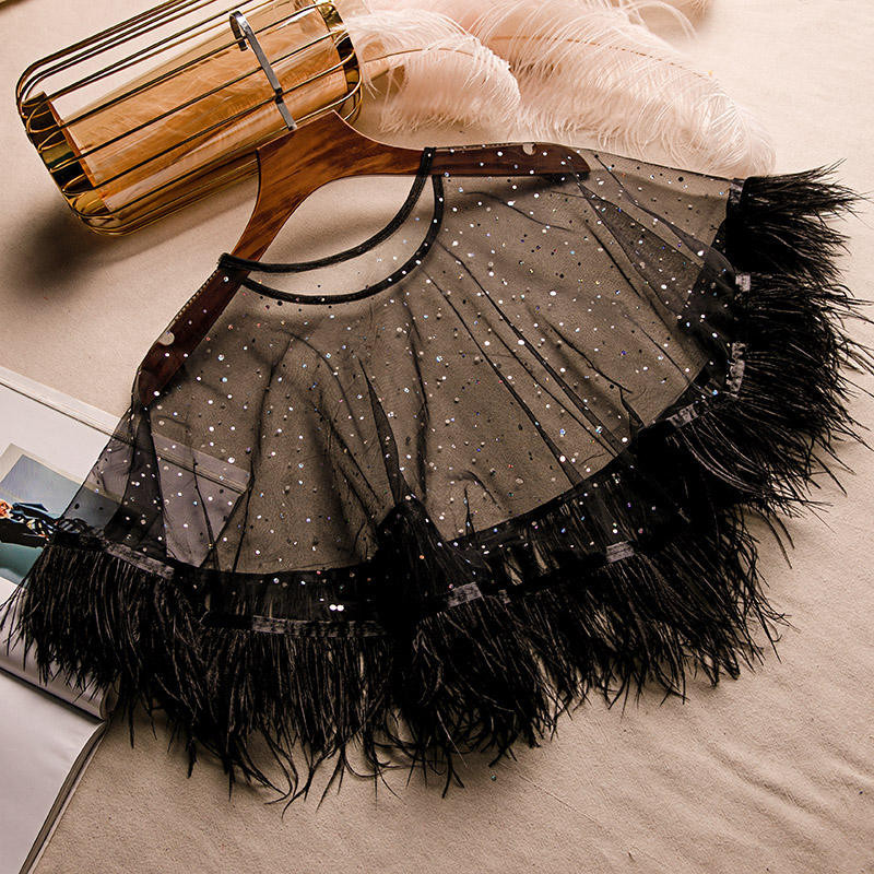 New Style 2024 Pullover Sequined Lace Shawl Black Fairy Feather Short ...