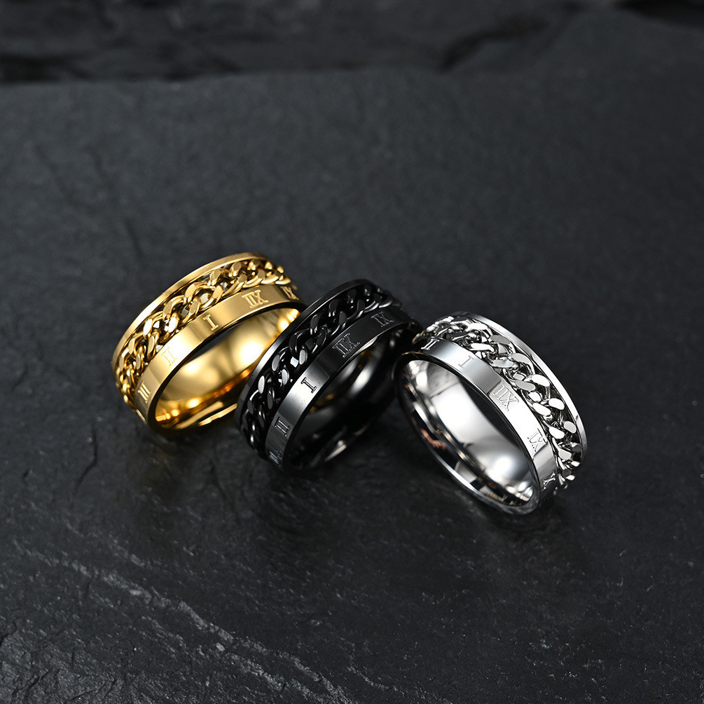 Roman Numerals Stainless Steel Chain Rotating Anxiety Black Rings For ...