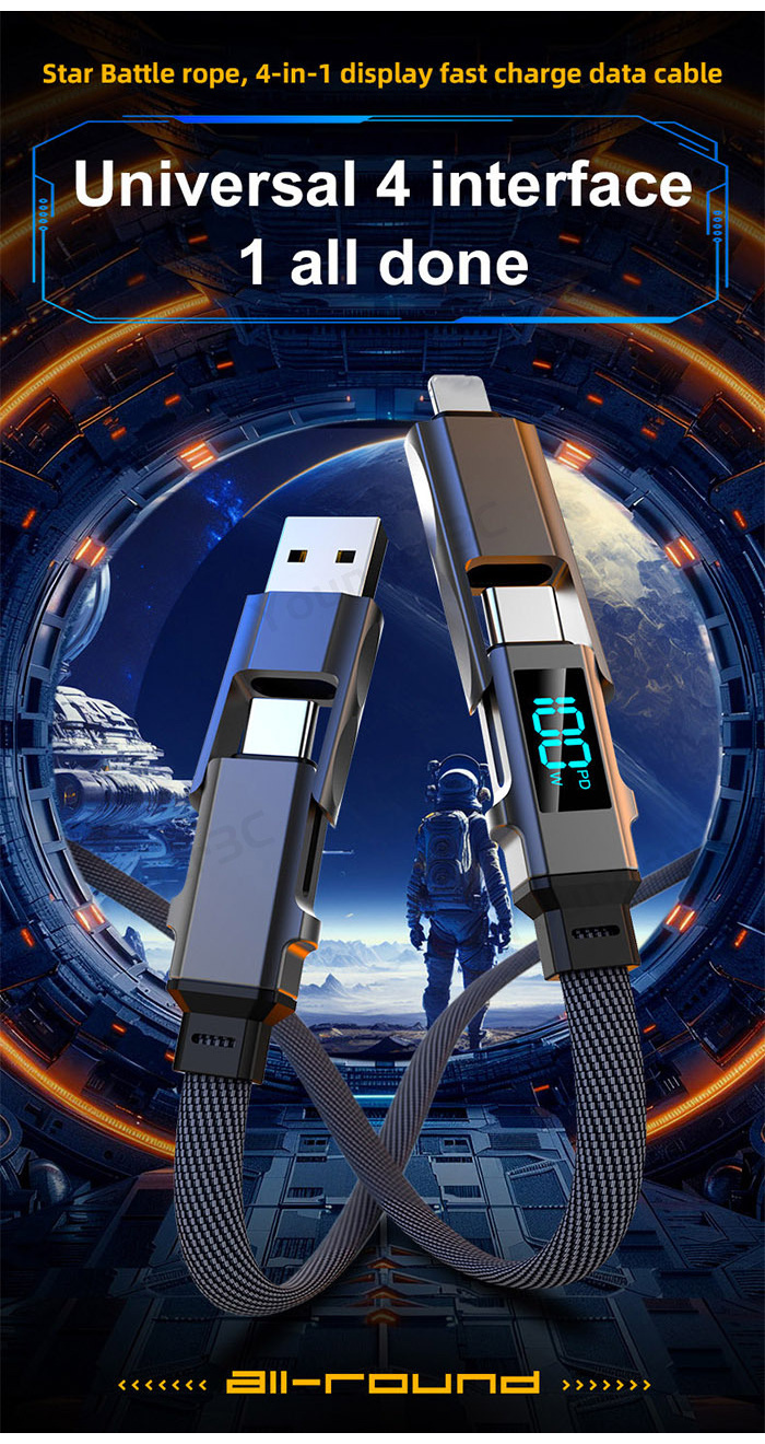 4 in 1 nylon weave usb to type c cable with LED digital display 100W