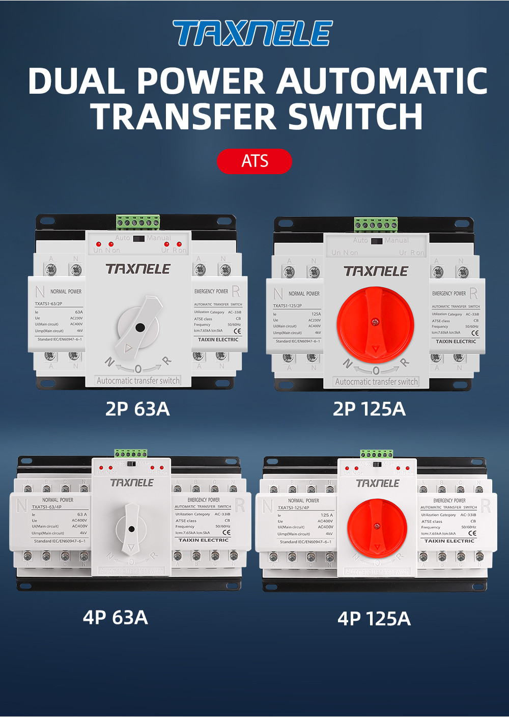 TAXNELE ATS 2P 4P 63A 125A Dual Power Automatic Transfer Switch AC 230V ...