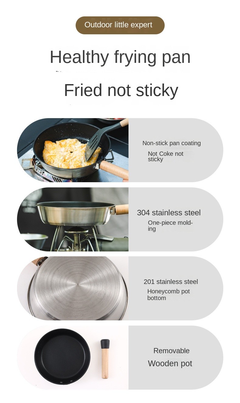 Camping Portable Frying Pan 20cm Stainless Steel Pot Non-Stick Pan ...
