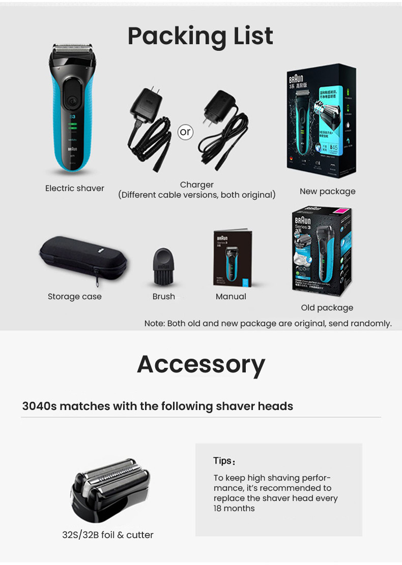 Braun S3 3040s Electric Shaver Men's Shaver Triple Blade Rechargeable ...