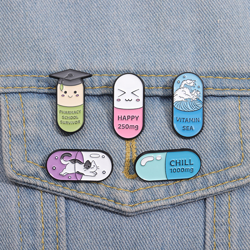 Happy Pills Enamel Pin Creative Capsules Badge Fun Letter We Are ...
