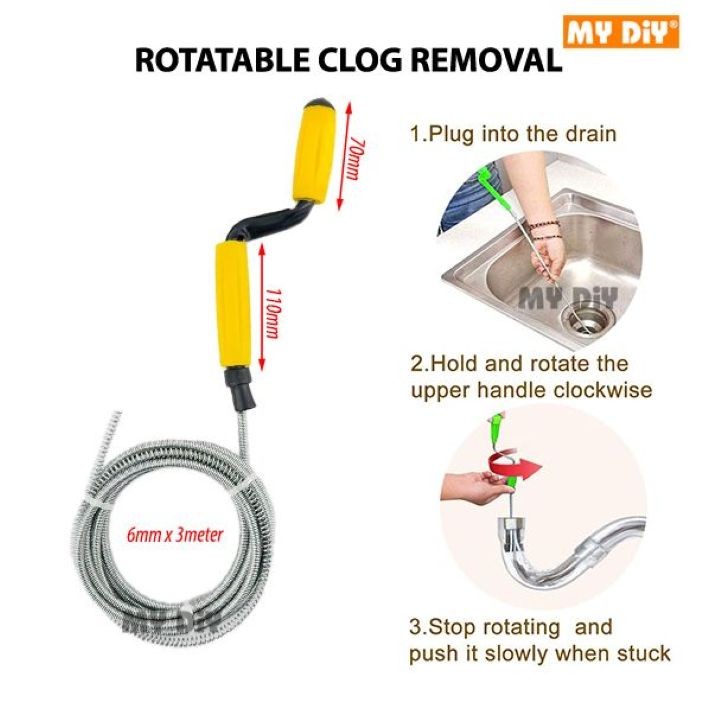 3m x 6mm Clog Free Spring Clog Removal Spring Pipe Cleaning Rod Sink ...