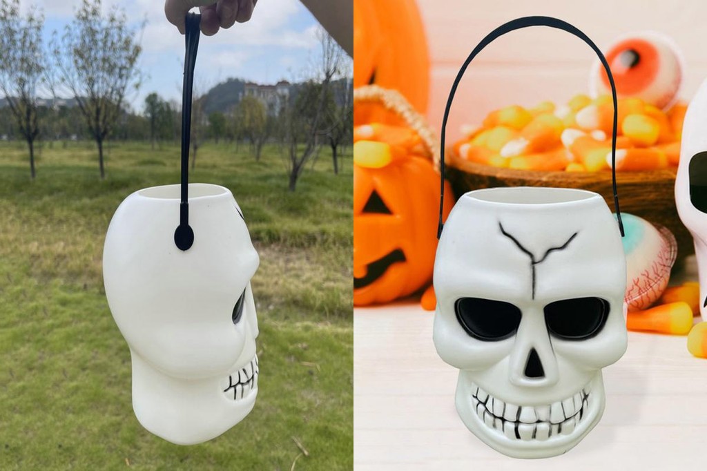 RAN Trick or Treat Bucket Skull Candy Holder Spooky Halloween Skull ...