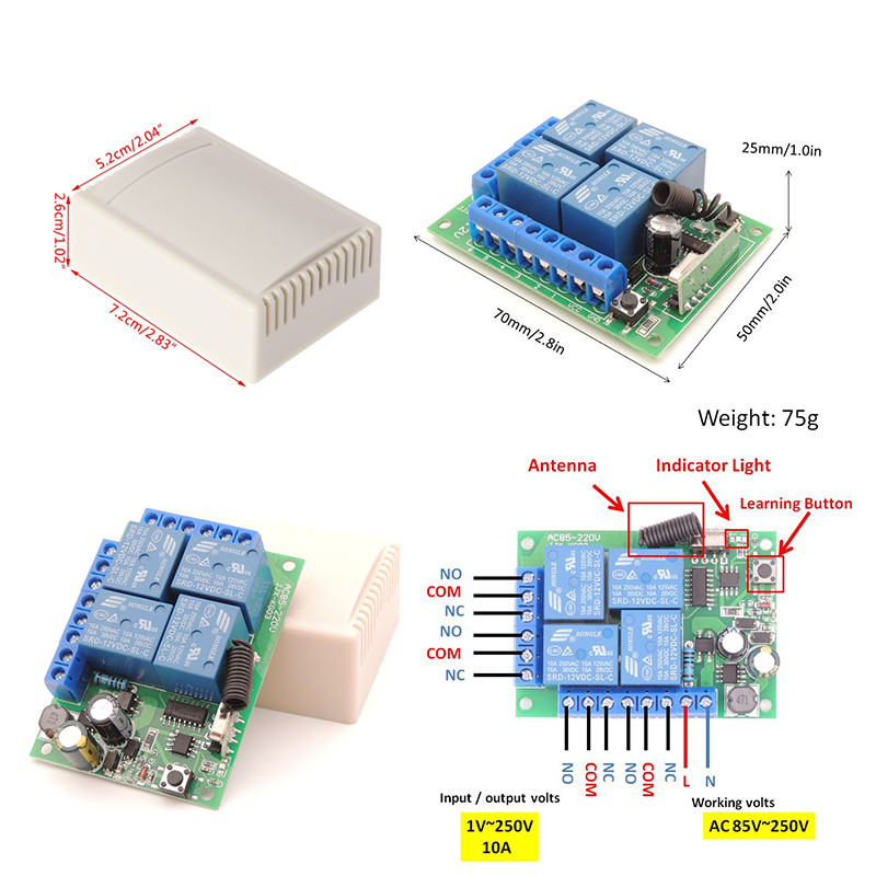 433Mhz Wireless RF Remote Control Switch DC 12V 10A 4 CH Relay Receiver ...