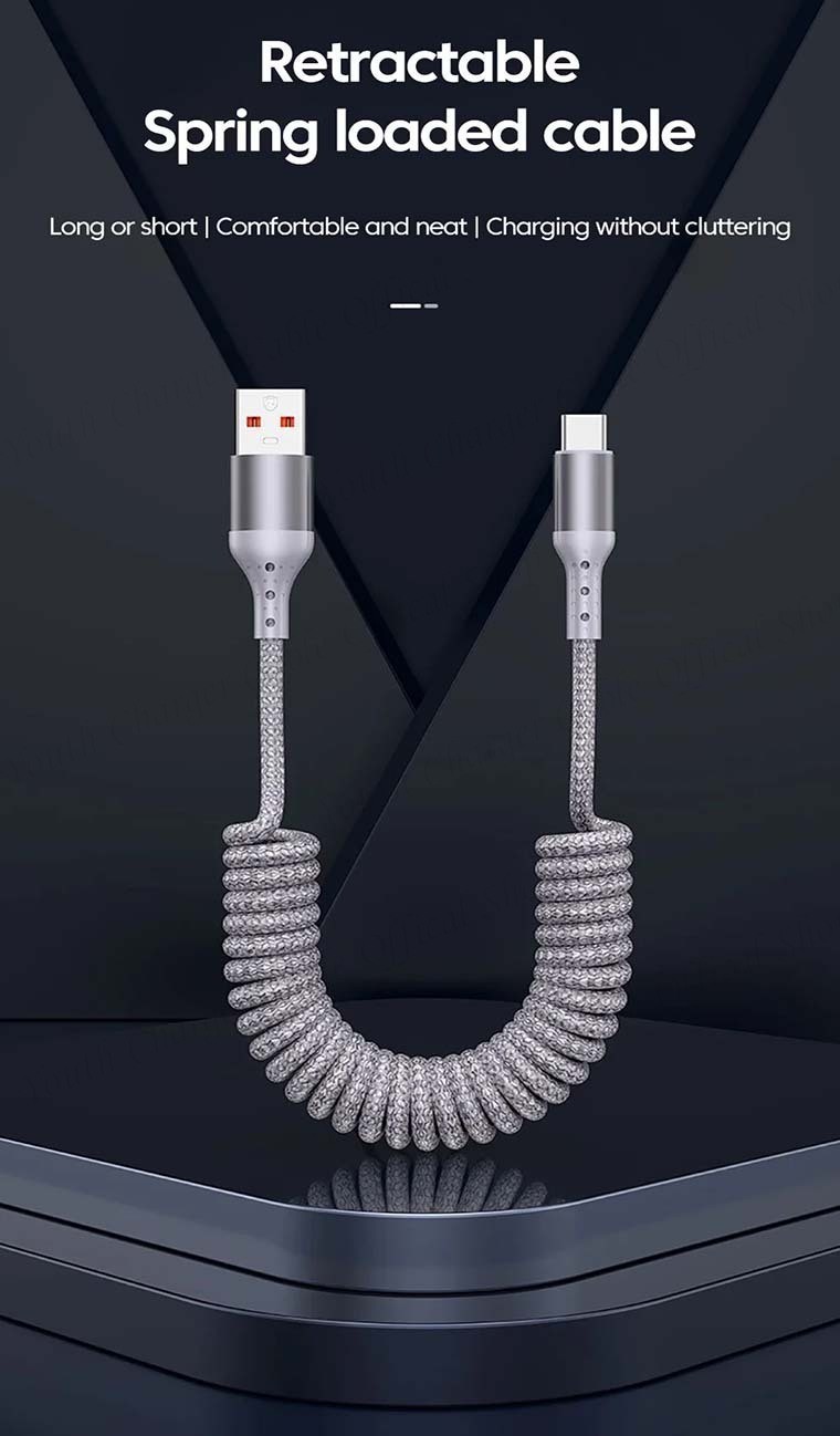 Spring Coil Retractable Car Data Cable PD100W Super Fast Charging Phone ...
